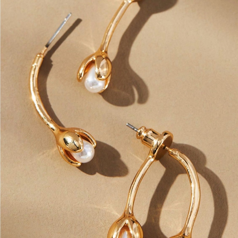 Anthropologie Gold Curved Pearl Bar Earrings